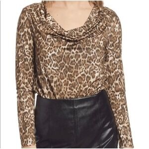 Leopard‎ Bodysuit Brown Animal Print Cowl Neck Long Sleeve Top Bodysuit NWOT